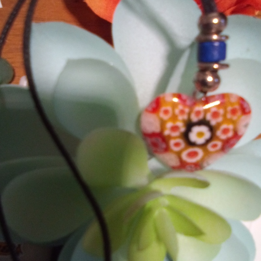 Vintage Floral Heart Glass Pendant on Slip Knot Cord - Picture 8 of 15